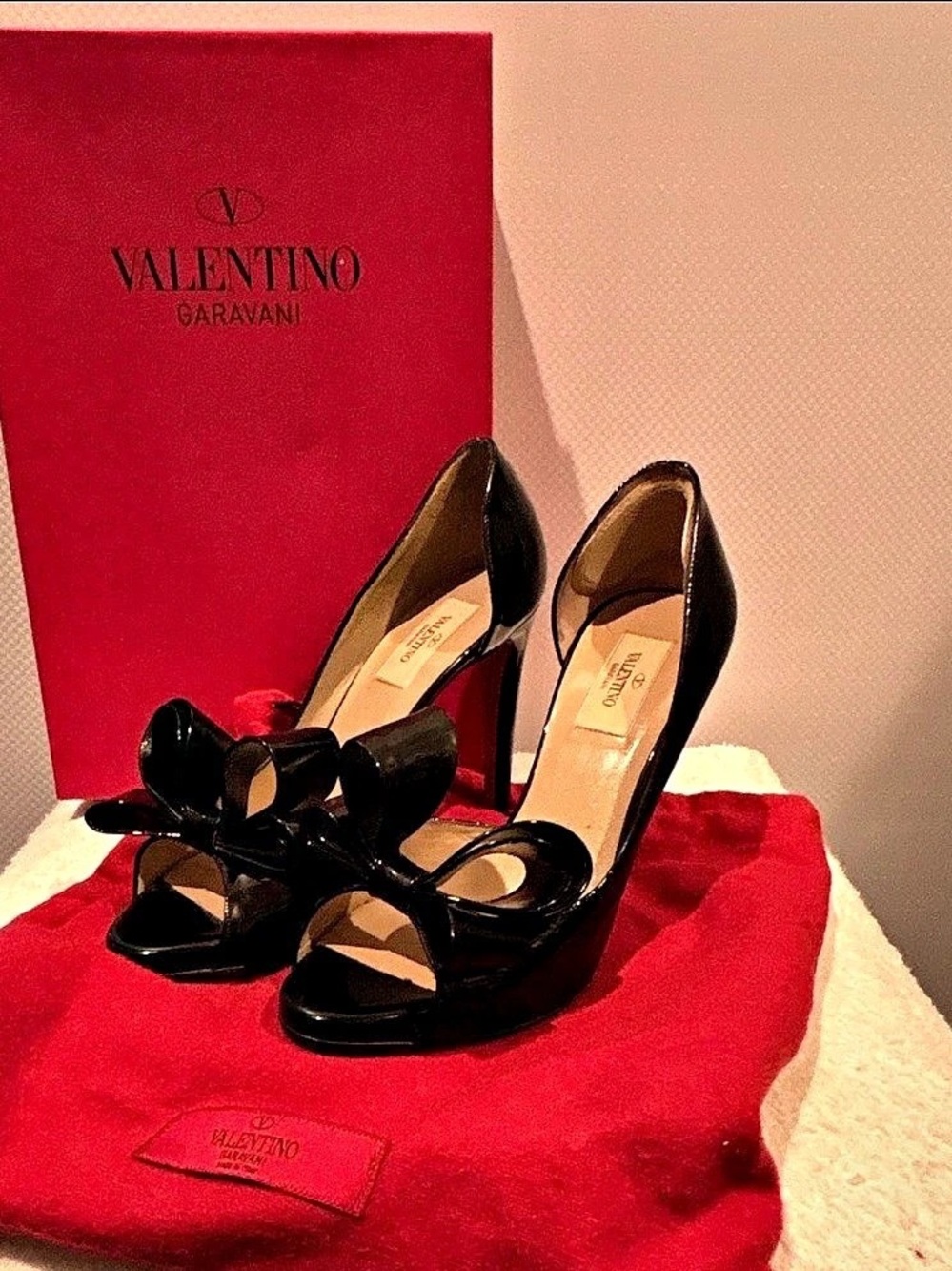 Valentino Garavani Heels Black Patent Leather Bow DโOrsay Open Toe Heel, 8M